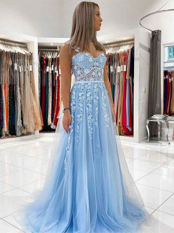 Open Back Light Blue Tulle Lace Floral Long Prom Dresses, Light Blue Lace Formal Graduation Evening Dresses with 3D Flowers SP2270