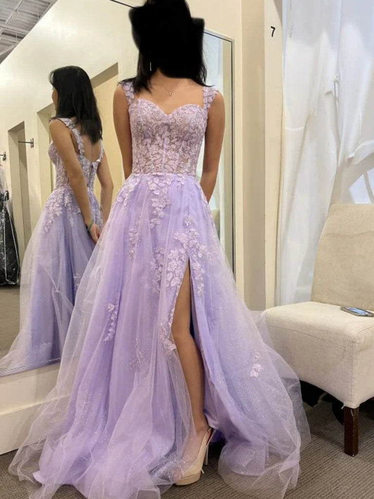 Open Back Lilac Lace Long Prom Dresses with High Slit, Purple Lace Tulle Formal Evening Dresses, Lilac Ball Gown SP2475