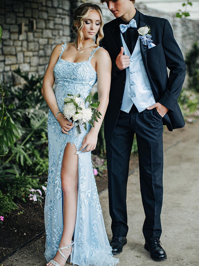Open Back Mermaid Light Blue Lace Long Prom Dresses with High Slit, Li