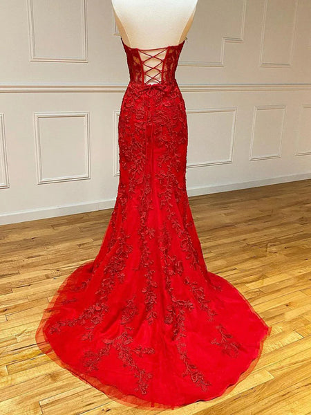 Open Back Mermaid Strapless Red Lace Long Prom Dresses with Train, Mermaid Red Formal Dresses, Red Lace Evening Dresses SP2388