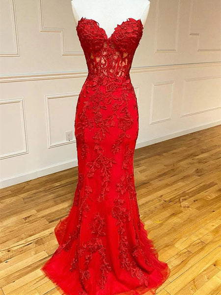 Open Back Mermaid Strapless Red Lace Long Prom Dresses with Train, Mermaid Red Formal Dresses, Red Lace Evening Dresses SP2388