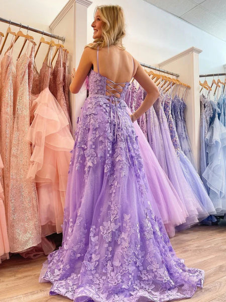Open Back Purple Lace Long Prom Dresses with High Slit, Purple Formal Evening Dresses with Lace Appliques SP2617