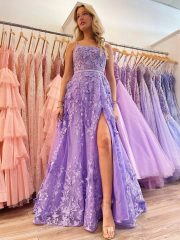 Elegant Ivory/Purple/Black/Mint Green Lace Tulle Long Prom Dress with High  Slit, Lace Formal Graduation Evening Dress A1529