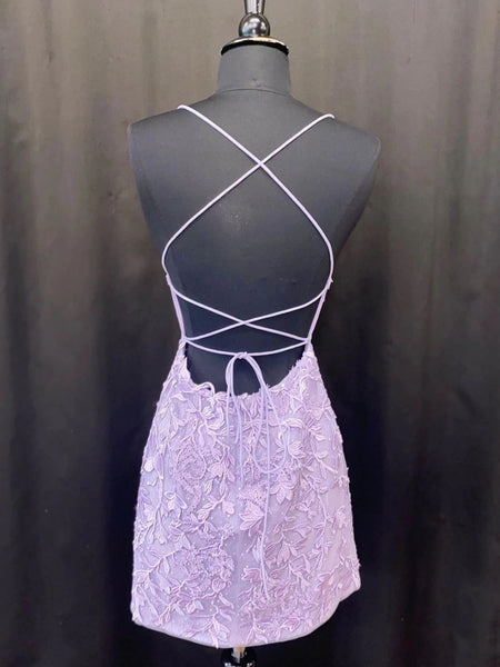 Open Back Purple Lace Short Prom Dresses, Backless Purple Homecoming Dresses, Purple Lace Formal Evening Dresses SP2415