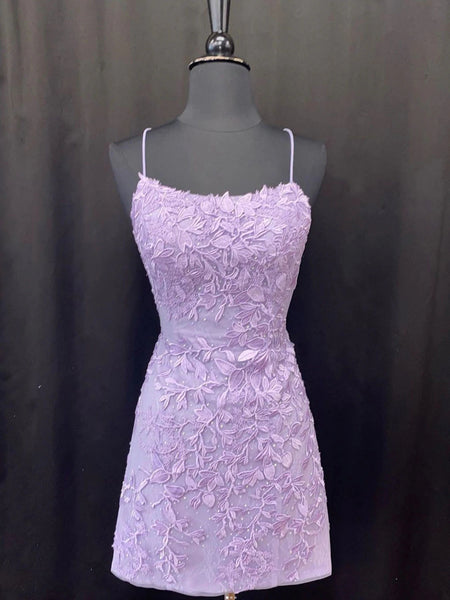 Open Back Purple Lace Short Prom Dresses, Backless Purple Homecoming Dresses, Purple Lace Formal Evening Dresses SP2415