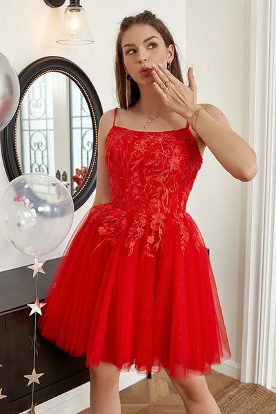 Open Back Red Lace Short Prom Dresses, Red Lace Homecoming Dresses, Short Red Formal Evening Dresses SP2466