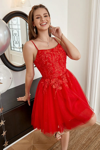 Open Back Red Lace Short Prom Dresses, Red Lace Homecoming Dresses, Short Red Formal Evening Dresses SP2466