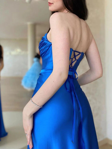 Open Back Royal Blue Long Prom Dresses with High Slit, Long Blue Formal Graduation Evening Dresses SP2451