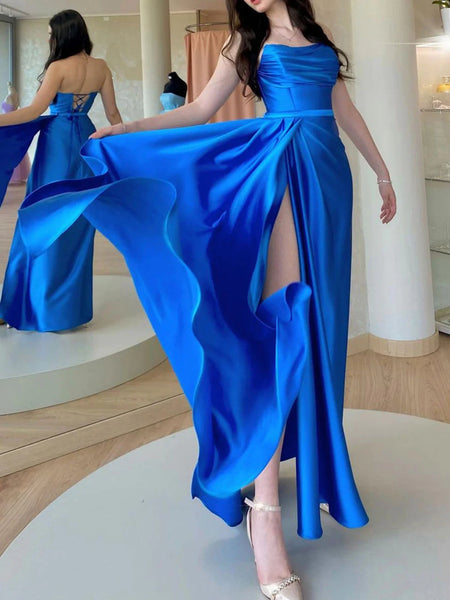 Open Back Royal Blue Long Prom Dresses with High Slit, Long Blue Formal Graduation Evening Dresses SP2451