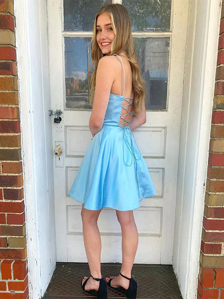 Open Back Short Blue Prom Homecoming Dresses, Backless Blue Formal Graduation Evening Dresses SP2435