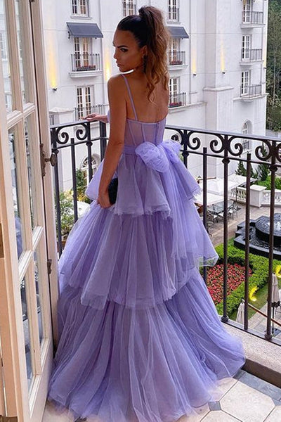 Open Back Spaghetti Straps Lilac Tulle Layered Long Prom Dresses, Purple Tulle Formal Evening Dresses SP2287