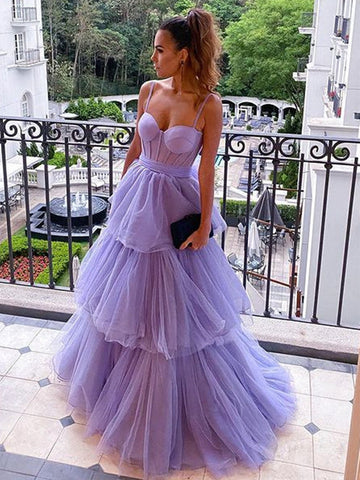 Open Back Spaghetti Straps Lilac Tulle Layered Long Prom Dresses, Purple Tulle Formal Evening Dresses SP2287