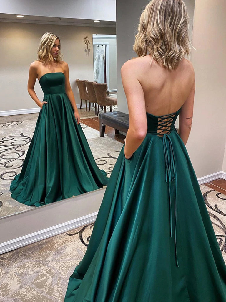 Open Back Strapless Green Satin Long Prom Dresses with Pocket, Strapless Green Formal Graduation Evening Dresses SP2406