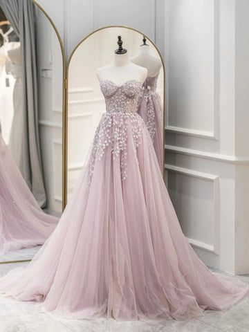 Open Back Strapless Pink Lace Long Prom Dresses, Pink Lace Formal Dresses, Pink Evening Dresses SP2533