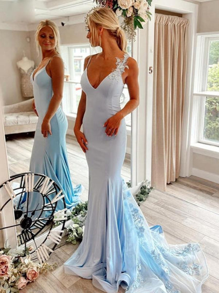 Open Back V Neck Mermaid Blue Floral Long Prom Dresses, Mermaid Blue Formal Evening Dresses with Flowers SP2515
