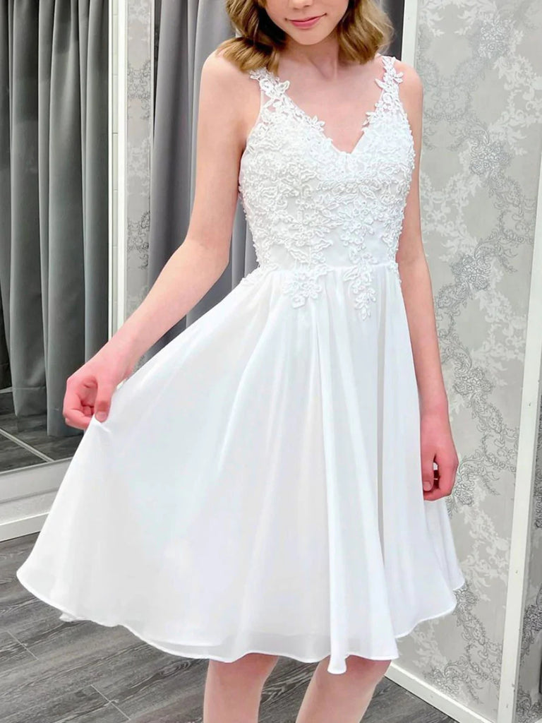 Open Back V Neck White Lace Short Prom Dresses, White Lace Homecoming Shiny Party Open Back V Neck White Lace Short Prom Dresses, White Lace Homecoming Shiny Party
