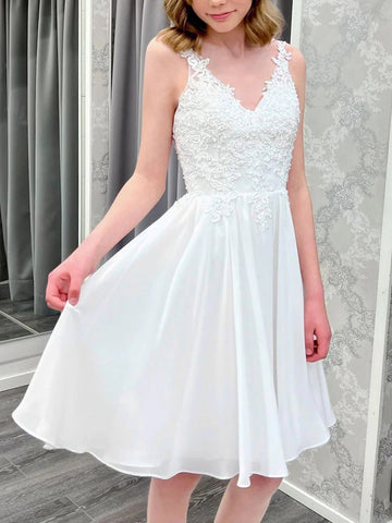 Open Back V Neck White Lace Short Prom Dresses, White Lace Homecoming Dresses, Short White Formal Graduation Evening Dresses SP2450