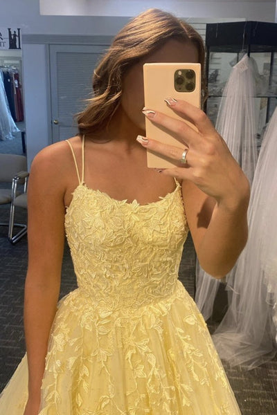 Open Back Yellow Lace Long Prom Dresses, Yellow Lace Formal Dresses, Yellow Evening Dresses SP2058