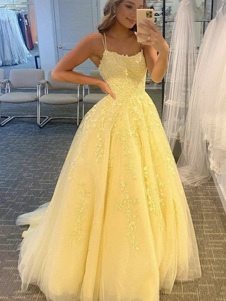 Open Back Yellow Lace Long Prom Dresses, Yellow Lace Formal Dresses, Yellow Evening Dresses SP2058