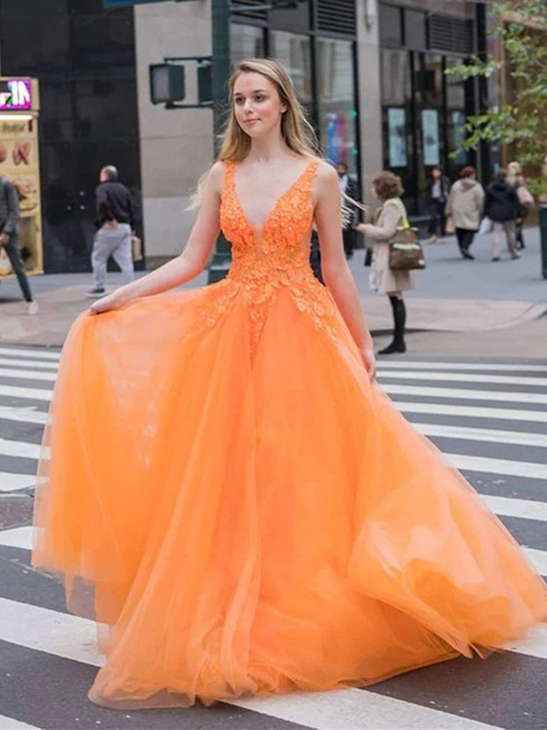 Orange V Neck Tulle Lace Appliques Long Prom Dresses, V Neck Lace Oran Shiny Party Orange V Neck Tulle Lace Appliques Long Prom Dresses, V Neck Lace Oran Shiny Party