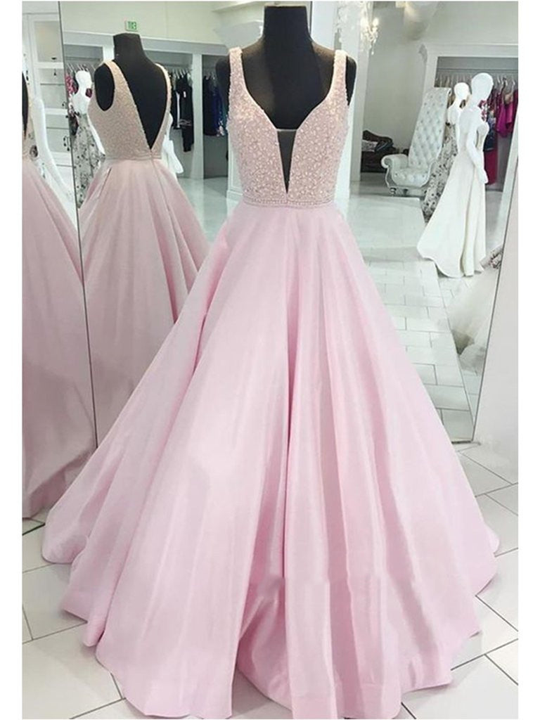 Pink A Line Deep V Neck Backless Prom Dresses, Pink Backless Graduation Dresses, Formal Dresses