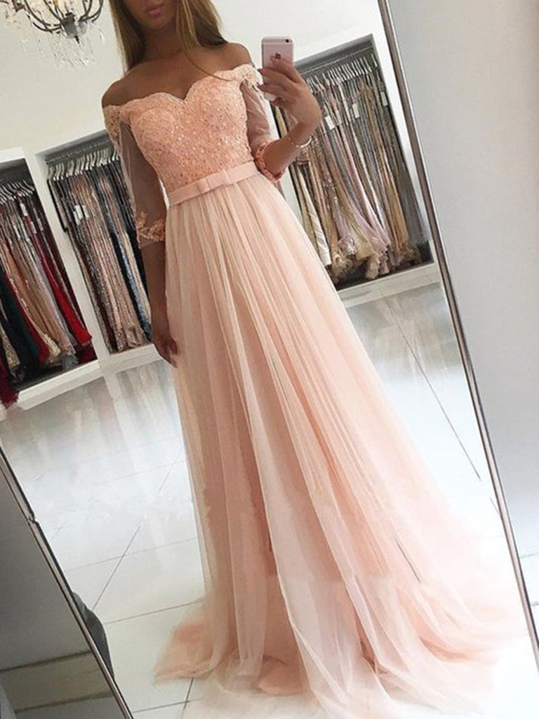 Pink A Line Sweetheart Neck Beaded Lace Prom Dresses, Pink Lace Formal Dresses