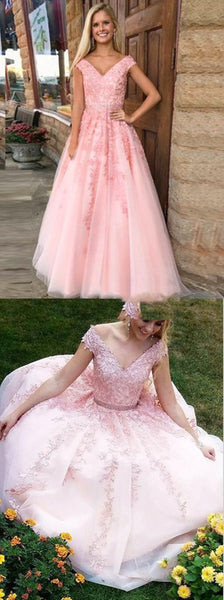 Pink A Line V Neck Lace Prom Dress, Pink Lace Formal Dress, Graduation Dress, Pink Evening Dress