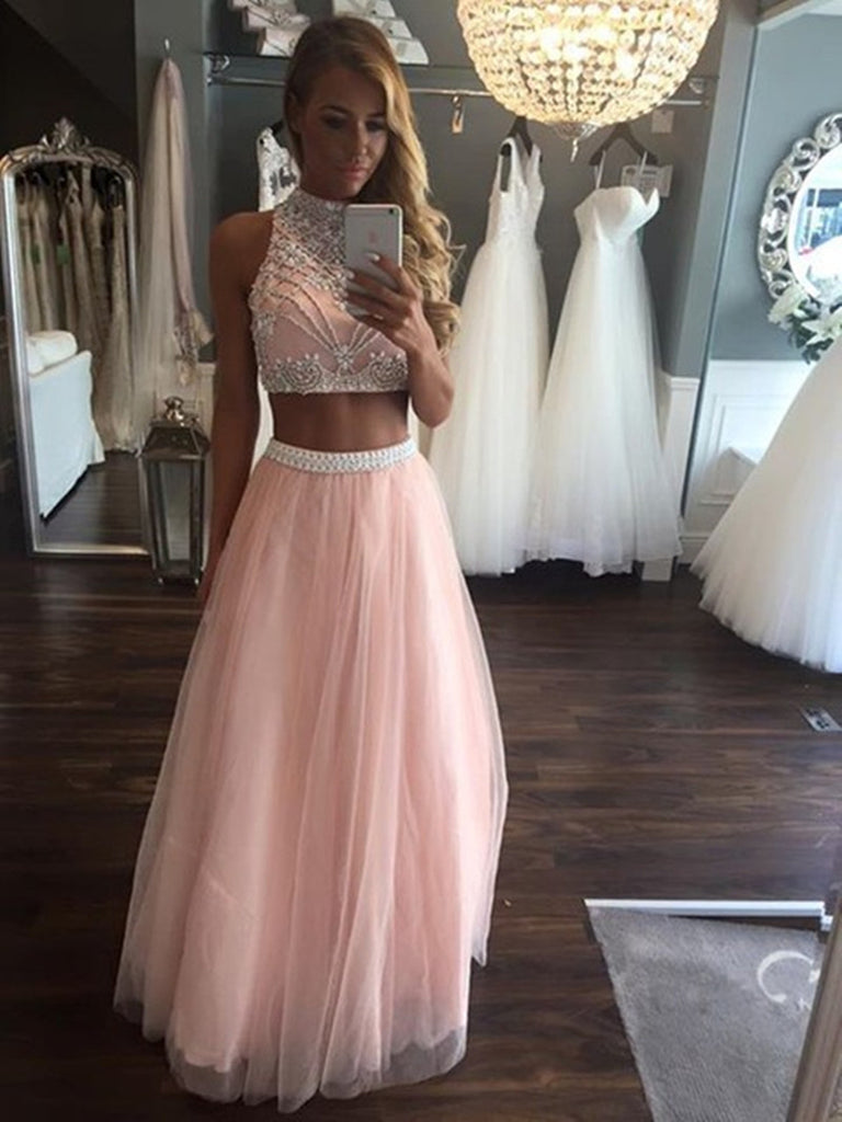 Pink A Line High Neck Two Pieces Beading Tulle Long Prom Dresses, Two Pieces Pink Formal Dresses, Evening Dresses