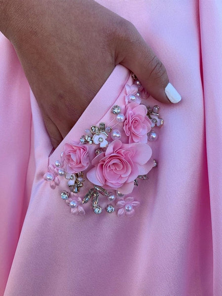 Pink A Line Satin Floral Long Prom Dresses with Pockets, Floral Pink Formal Graduation Evening Dresses