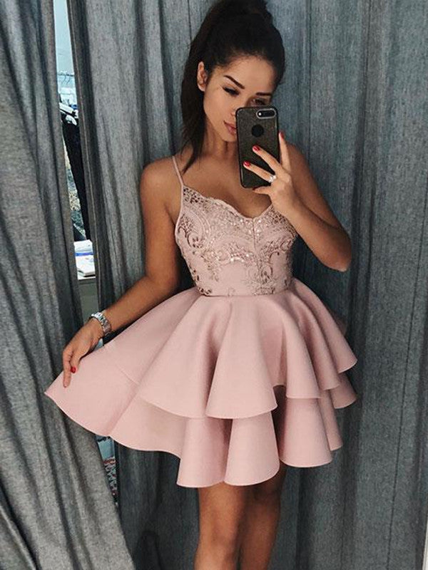 Pink Cute Lace Layered Short Prom Dresses, Layered Homecoming Dresses, Pink Graduation Dresses