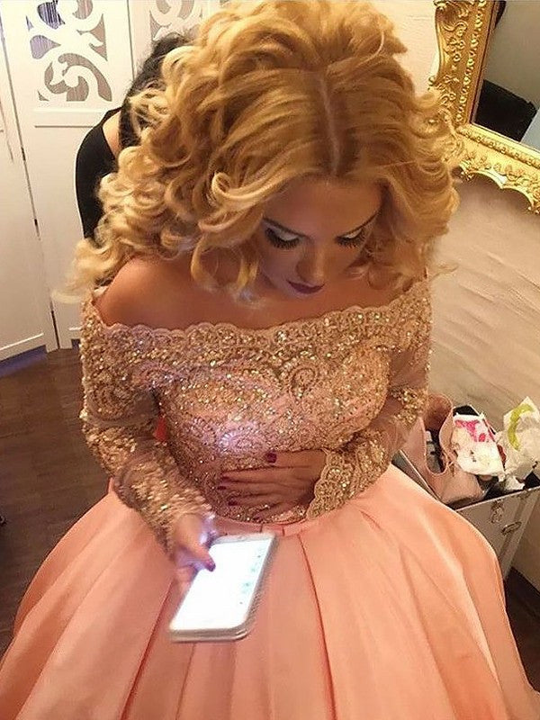 Pink Off Shoulder Long Sleeves Satin Beaded Long Ball Gown, Pink Prom Shiny Party Pink Off Shoulder Long Sleeves Satin Beaded Long Ball Gown, Pink Prom Shiny Party
