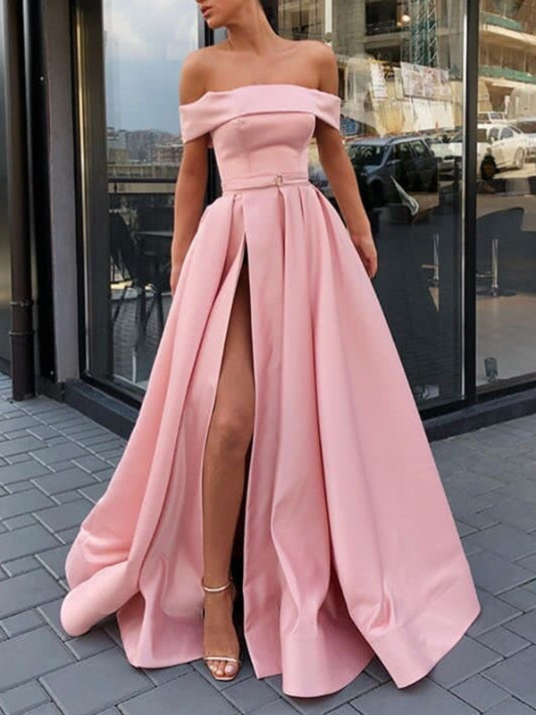 Pink Off Shoulder Satin Long Prom Dresses With High Slit, Pink Formal Shiny Party Pink Off Shoulder Satin Long Prom Dresses With High Slit, Pink Formal Shiny Party