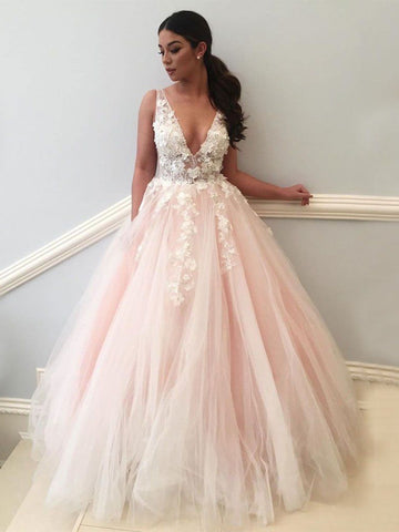 Pink V Neck Backless Lace Appliques Tulle Long Prom Dresses, V Neck Pink Lace Ball Gown, Pink Formal Dresses, Pink Lace Evening Dresses