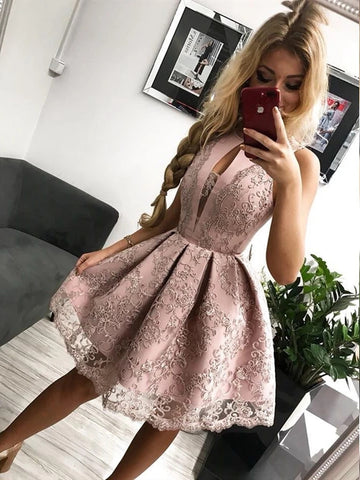 Pretty Pink Lace Short Prom Dresses Homecoming Dresses, Pink Lace Formal Graduation Evening Dresses, Cocktail Dresses