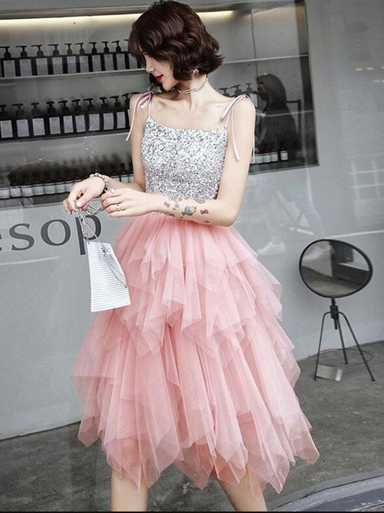 Pretty Sequins Pink Tulle Short Prom Dresses, Layered Pink Tulle