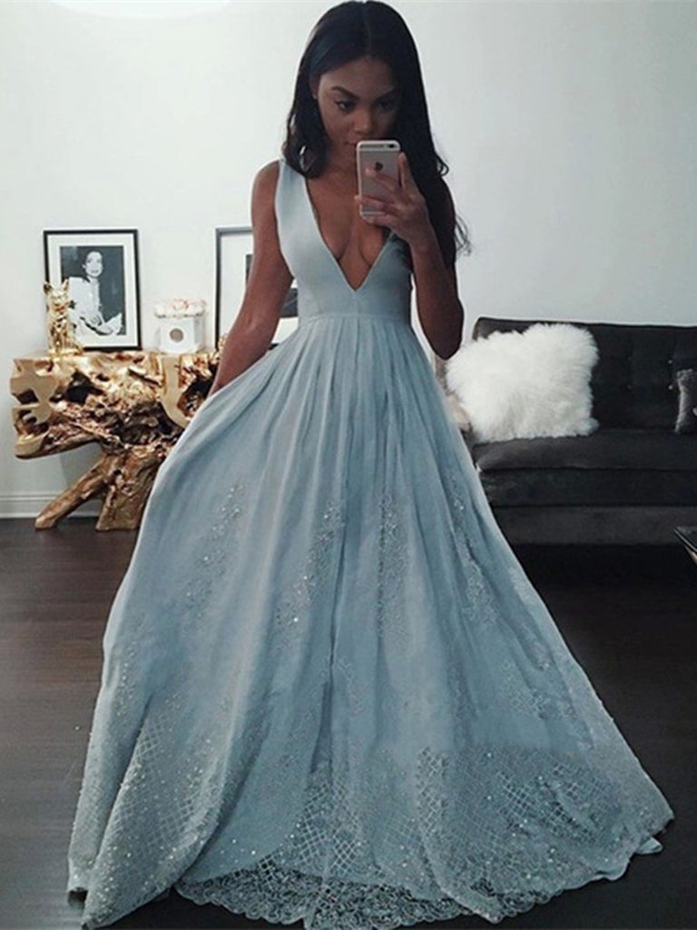 Pretty V Neck Lace Light Blue Prom Dresses, Light Blue Formal Dresses, Lace Evening Dresses Pretty V Neck Lace Light Blue Prom Dresses, Light Blue Formal Dresses, Lace Evening Dresses