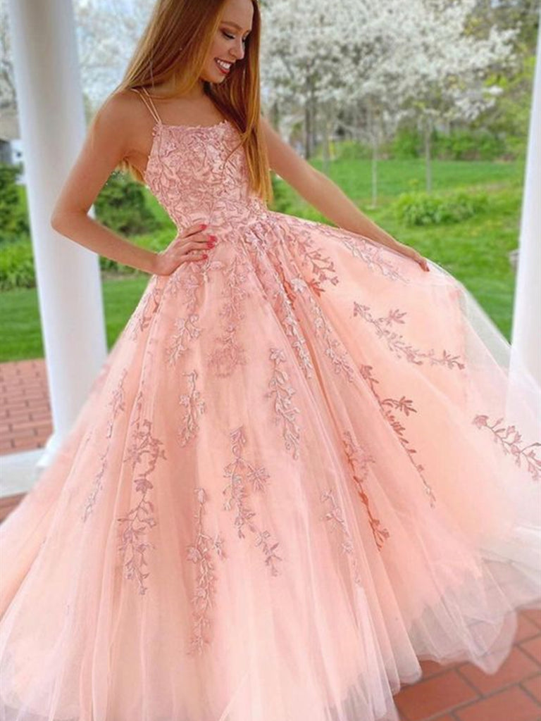 Princess Pink Lace Long Prom Dresses with Straps, Pink Lace Formal Graduation Evening Dresses Princess Pink Lace Long Prom Dresses with Straps, Pink Lace Formal Graduation Evening Dresses