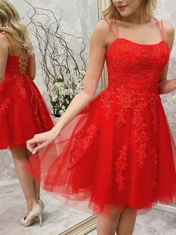 Princess Short Red Lace Prom Dresses, Red Lace Homecoming Dresses, Short Red Formal Evening Dresses