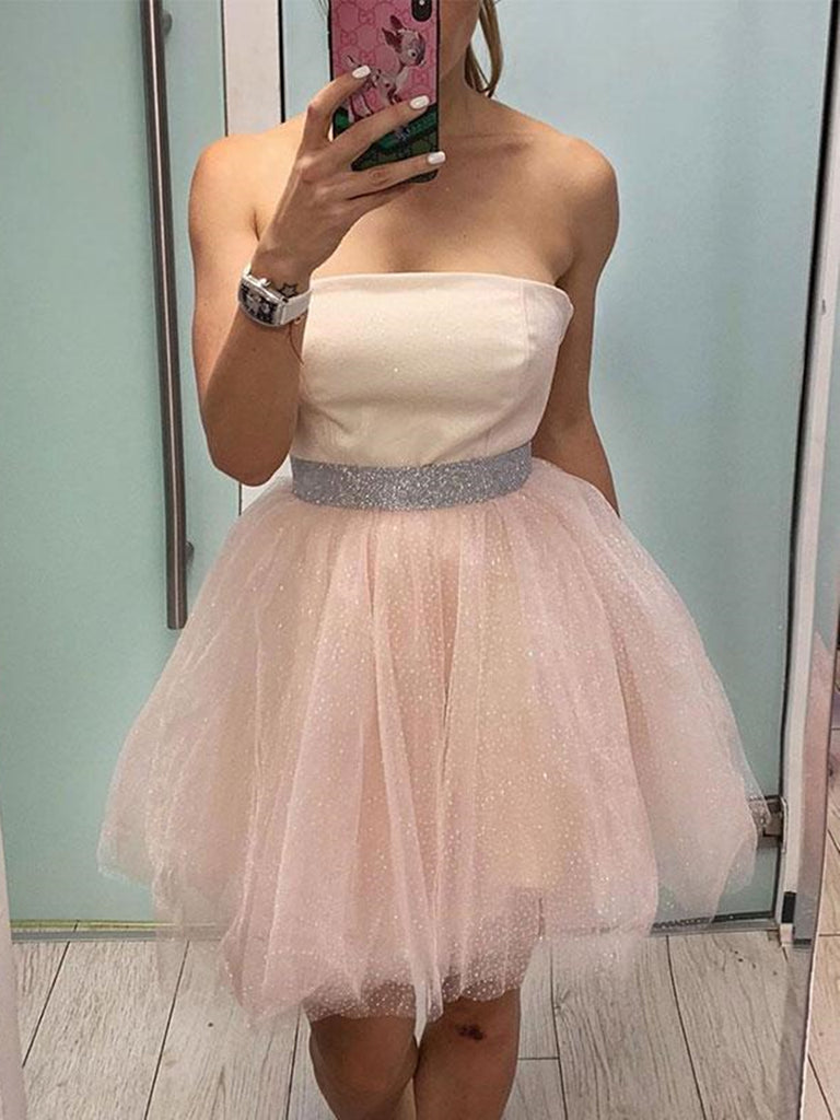 Princess Strapless Short Pink Homecoming Prom Dresses with Belt, Pink Formal Graduation Evening Dresses
