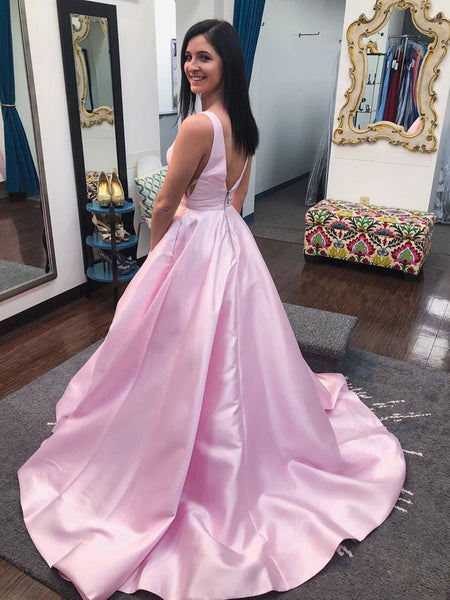 Princess V Neck Open Back Pink Long Prom Dresses, V Neck Pink Formal Dresses, Pink Evening Dresses SP2310