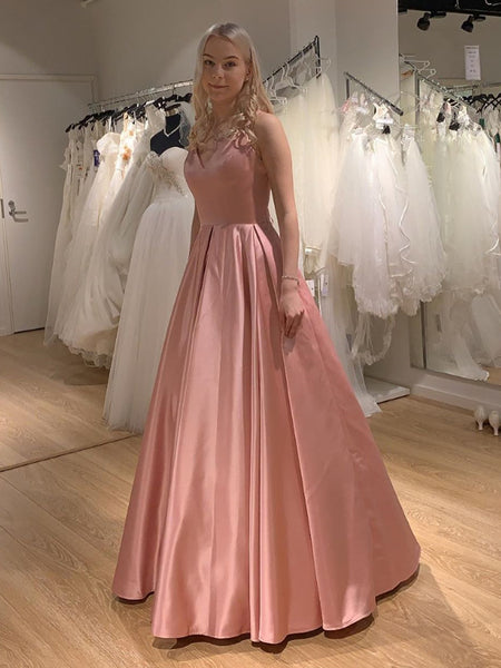 Princess V Neck Satin Long Pink Prom Dresses with Cross Back, V Neck Pink Formal Graduation Evening Dresses