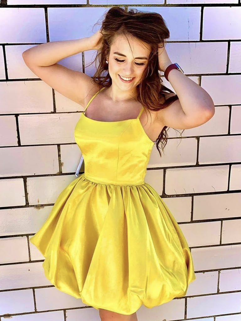Princess Yellow Satin Short Prom Dresses, Yellow Homecoming Dresses, S Shiny Party Princess Yellow Satin Short Prom Dresses, Yellow Homecoming Dresses, S Shiny Party