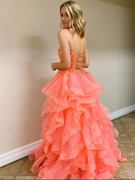 Princess Tulle Backless Long Coral Prom Dresses with Beadings, Backless Coral Formal Dresses, Beaded Coral Evening Dresses