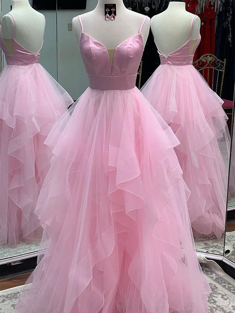 Princess V Neck Backless Pink Prom Dresses, Backless Pink Formal Dresses, Fluffy Pink Evening Dresses, Pink Ball Gown