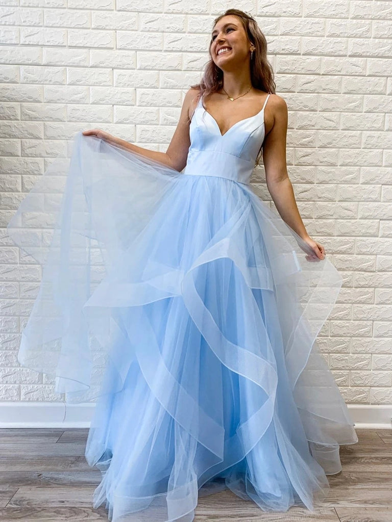 Princess V Neck Long Pink/Light Blue Prom Dresses, Puffy Pink/Light Bl Shiny Party Princess V Neck Long Pink/Light Blue Prom Dresses, Puffy Pink/Light Bl Shiny Party