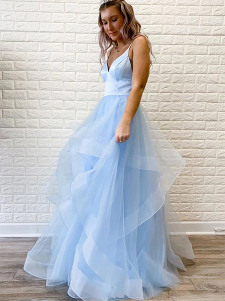 Princess V Neck Long Pink/Light Blue Prom Dresses, Puffy Pink/Light Blue Formal Evening Dresses, Light Blue Party Dresses, Pink Ball Gown