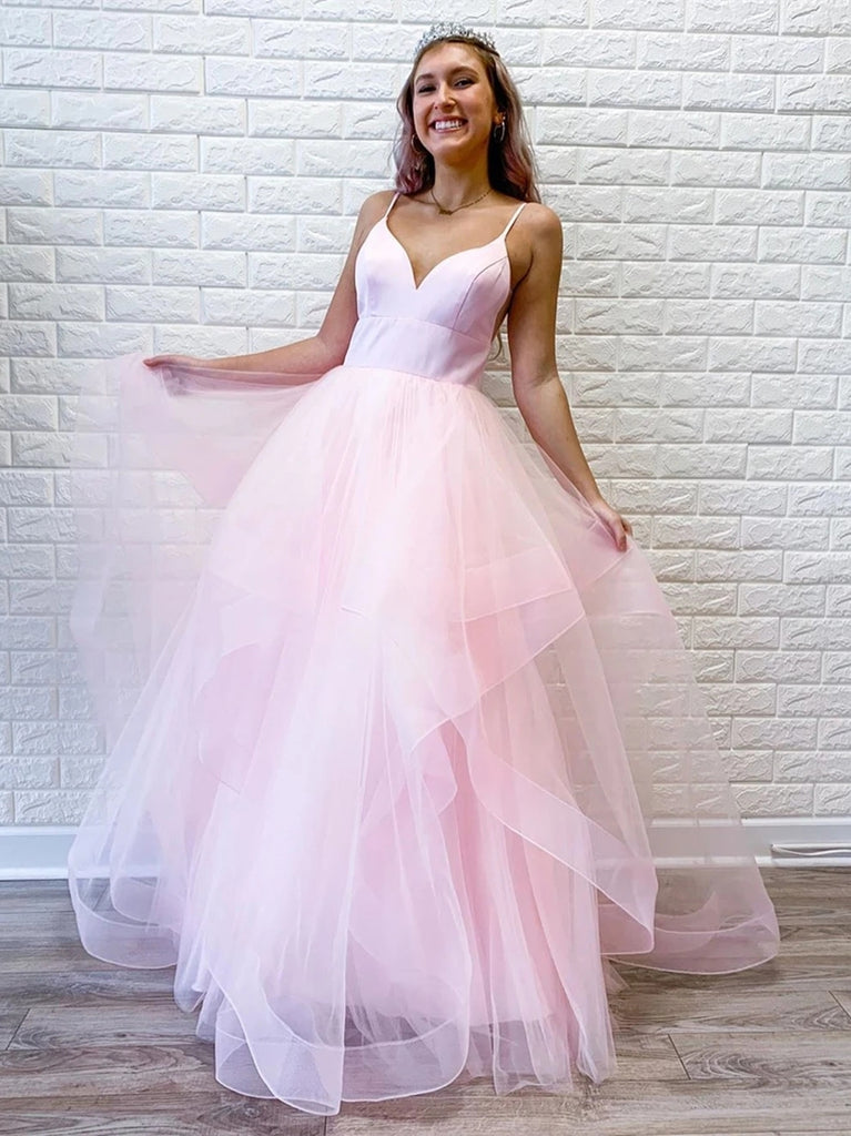 Princess V Neck Long Pink/Light Blue Prom Dresses, Puffy Pink/Light Bl Shiny Party Princess V Neck Long Pink/Light Blue Prom Dresses, Puffy Pink/Light Bl Shiny Party