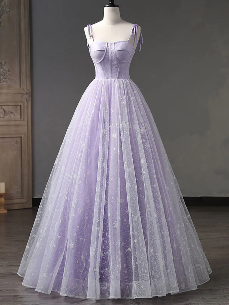 Purple/Light Blue Lace Tulle Long Prom Dresses, Purple/Light Blue Form