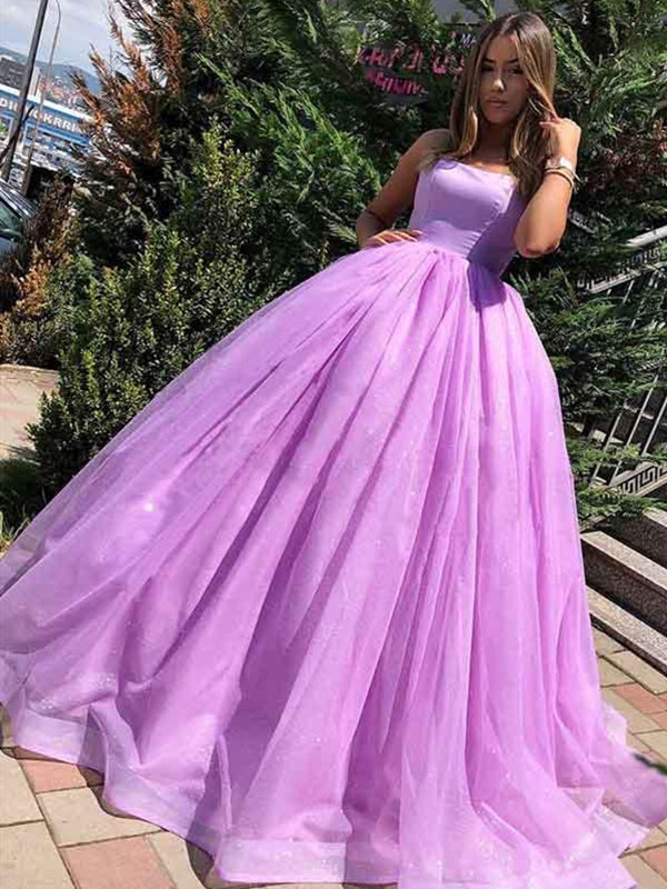 Purple Spaghetti Straps Backless Tulle Princess Long Ball Gown Prom Dresses, Lilac Purple Formal Graduation Dresses, Evening Dresses