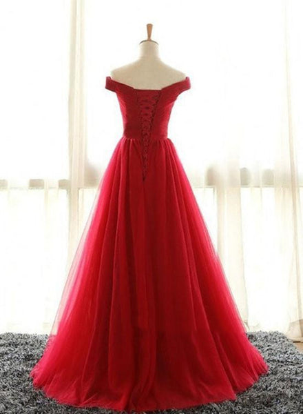 Red A Line Off Shoulder Floor Length Tulle Prom Dresses, Off Shoulder Graduation Dresses, Red Formal Dresses